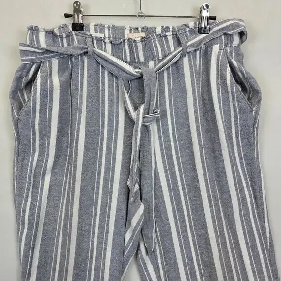 Loft Wide Leg Linen Pants Women M Gray White Striped Slash Pockets Tie Waist - Picture 7 of 11